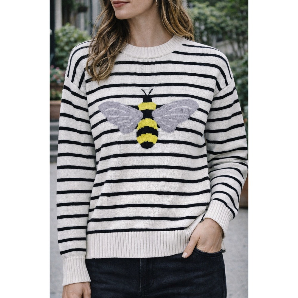 LOFT Bee Stripe Sweater‎ Medium Black White Cotton Crewneck Long Sleeve - Picture 2 of 9